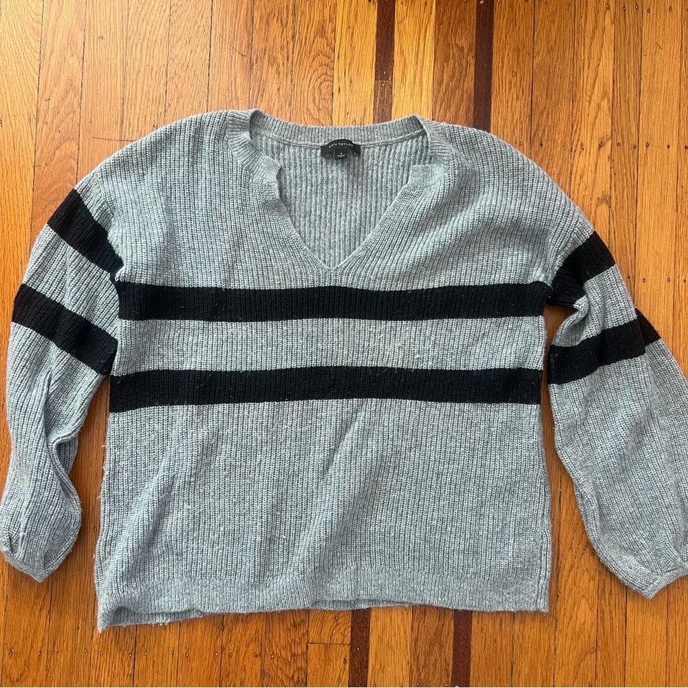 Ann Taylor rugby stripe wool blend sweater gray M medium EUC
